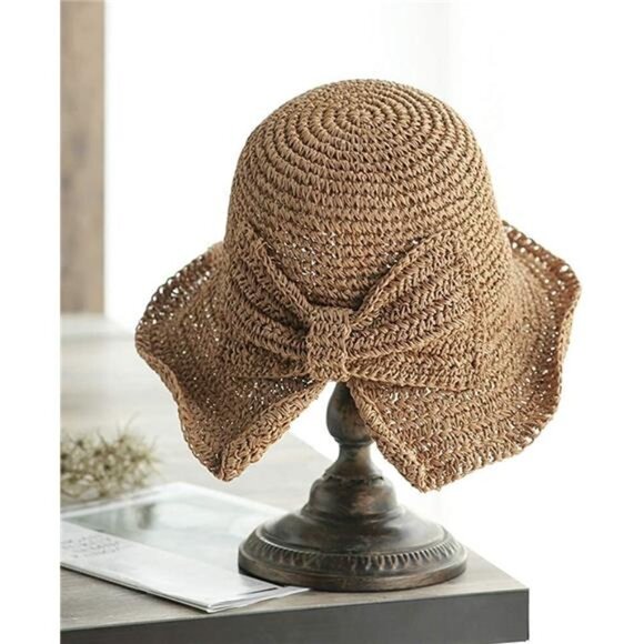 Foldable Wide Brim Floppy Straw Beach Sun Hat,Summer Cap with Bowknot for Women - Picture 4 of 8